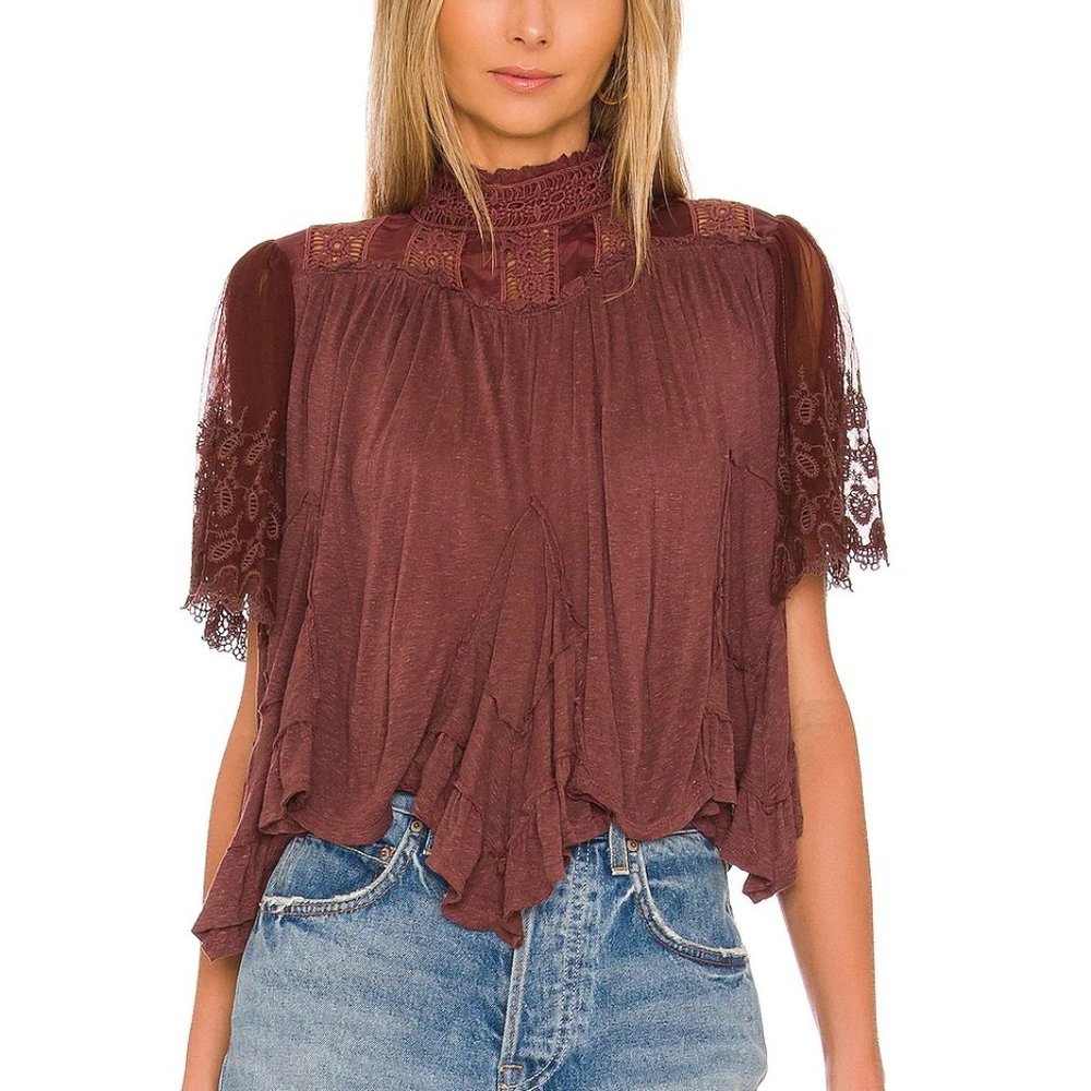 Free People Savannah Mock Neck Handkerchief Hem Blouse in Chocolate Lava  Size L